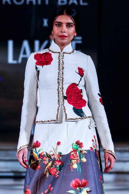 Rohit Bal_Ivory Chanderi Sequins, Embroidery Floral Print Jacket And Color Block Skirt _Online_at_Aza_Fashions