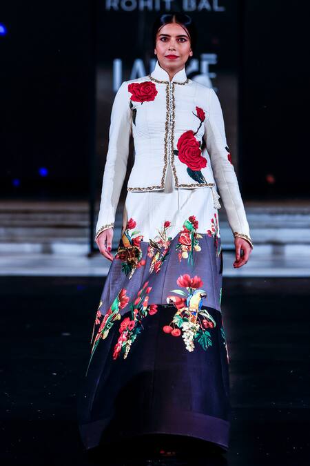 Buy_Rohit Bal_Ivory Chanderi Sequins, Embroidery Floral Print Jacket And Color Block Skirt _Online_at_Aza_Fashions