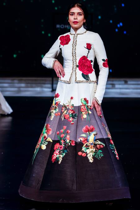 Shop_Rohit Bal_Ivory Chanderi Sequins, Embroidery Floral Print Jacket And Color Block Skirt _Online_at_Aza_Fashions