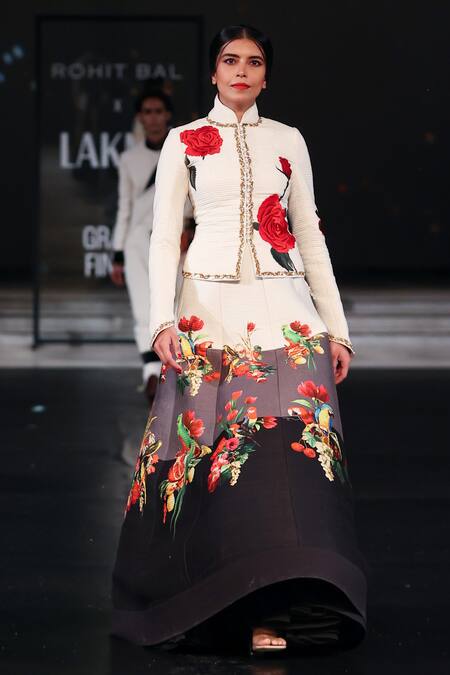 Rohit Bal_Ivory Chanderi Sequins, Embroidery Floral Print Jacket And Color Block Skirt _at_Aza_Fashions