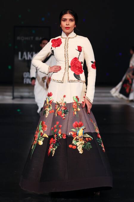 Buy_Rohit Bal_Ivory Chanderi Sequins, Embroidery Floral Print Jacket And Color Block Skirt 