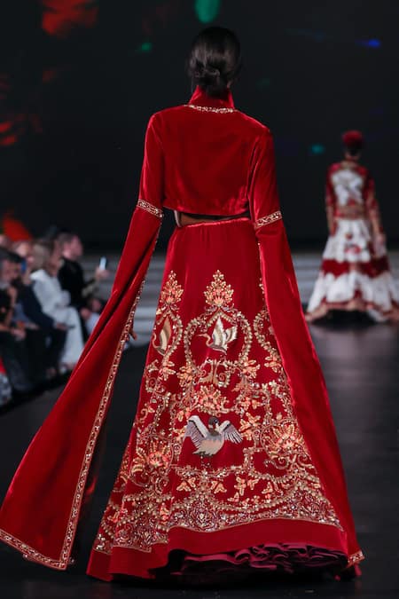 Rohit Bal Wine Velvet Floral Embroidered Lehenga Set 