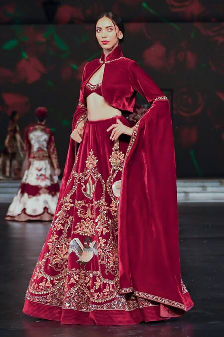 Rohit Bal Wine Velvet Cut Work, Embroidery Sweetheart , High Floral Lehenga Set Online at Aza Fashions Rohit Bal_Wine Velvet Cut Work, Embroidery Sweetheart , High Floral Lehenga Set _Online_at_Aza_Fashions