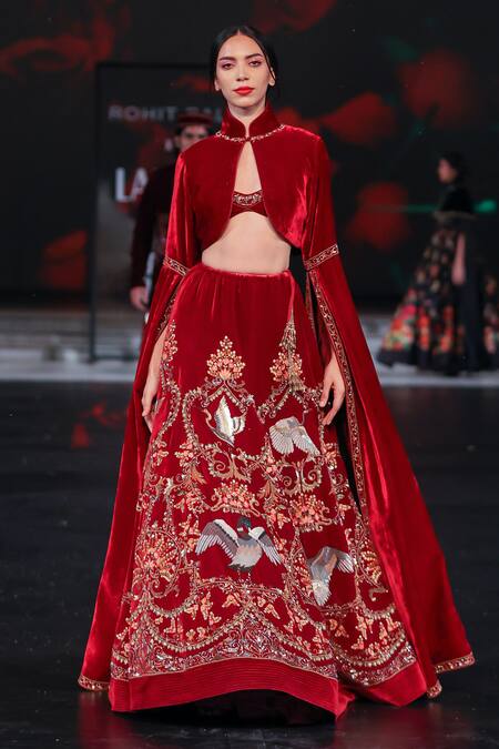 Buy Rohit Bal Wine Velvet Cut Work, Embroidery Sweetheart , High Floral Lehenga Set Online at Aza Fashions Buy_Rohit Bal_Wine Velvet Cut Work, Embroidery Sweetheart , High Floral Lehenga Set _Online_at_Aza_Fashions