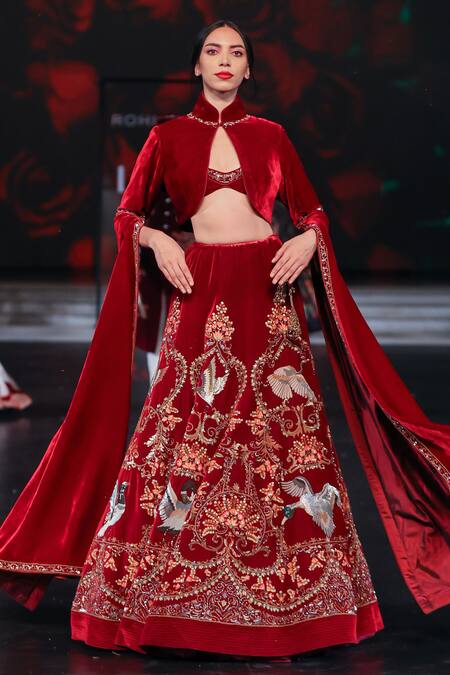 Shop Rohit Bal Wine Velvet Cut Work, Embroidery Sweetheart , High Floral Lehenga Set Online at Aza Fashions Shop_Rohit Bal_Wine Velvet Cut Work, Embroidery Sweetheart , High Floral Lehenga Set _Online_at_Aza_Fashions