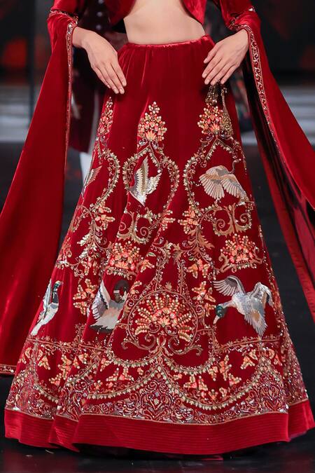 Rohit Bal Wine Velvet Cut Work, Embroidery Sweetheart , High Floral Lehenga Set at Aza Fashions Rohit Bal_Wine Velvet Cut Work, Embroidery Sweetheart , High Floral Lehenga Set _at_Aza_Fashions