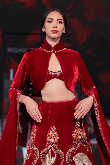 Buy Rohit Bal Wine Velvet Cut Work, Embroidery Sweetheart , High Floral Lehenga Set Buy_Rohit Bal_Wine Velvet Cut Work, Embroidery Sweetheart , High Floral Lehenga Set