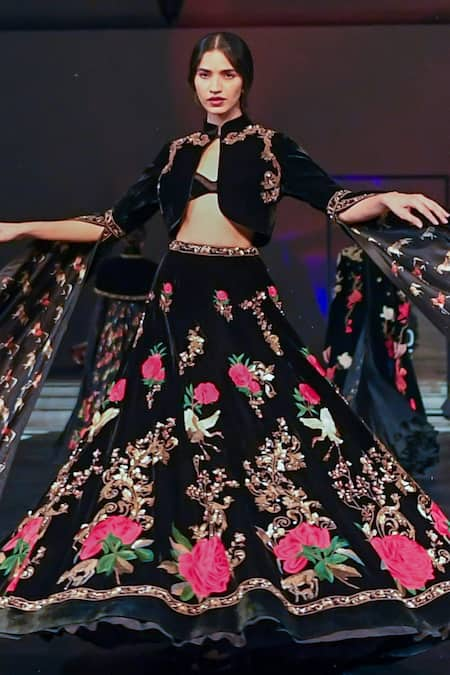 Rohit Bal Velvet Nature Embroidered Lehenga Cropped Jacket Set 