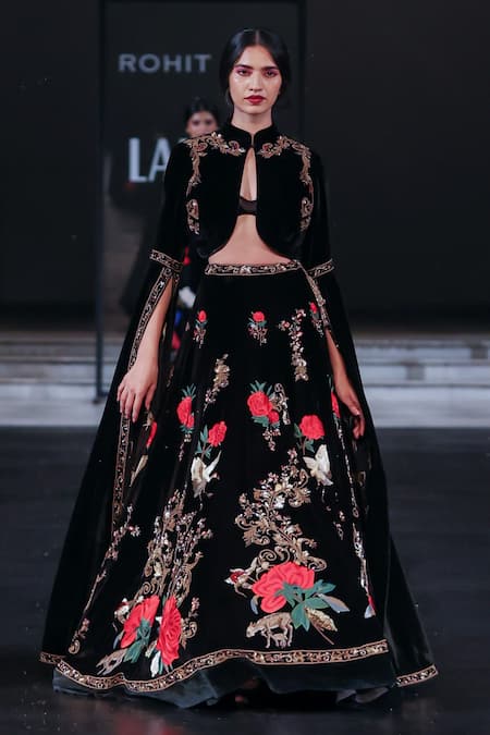 Rohit Bal Black Velvet Cut Work, Embroidery Sweetheart Neck Nature Set Online at Aza Fashions Rohit Bal_Black Velvet Cut Work, Embroidery Sweetheart Neck Nature Set _Online_at_Aza_Fashions