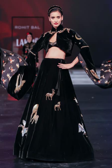 Rohit Bal Velvet Deer Embroidered Lehenga Cropped Jacket Set 