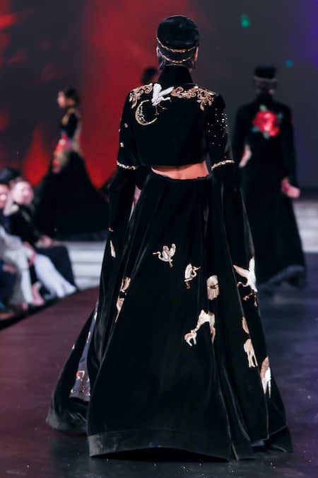 Rohit Bal Black Velvet Embroidered Lehenga & Jacket Set 
