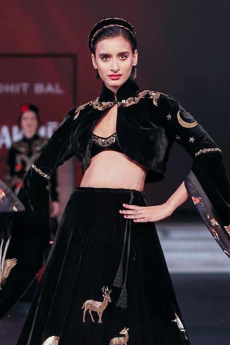 Buy_Rohit Bal_Black Velvet Cut Work, Embroidery Sweetheart Neck Lehenga And Jacket Set _Online_at_Aza_Fashions