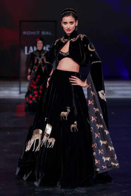 Shop_Rohit Bal_Black Velvet Cut Work, Embroidery Sweetheart Neck Lehenga And Jacket Set _Online_at_Aza_Fashions