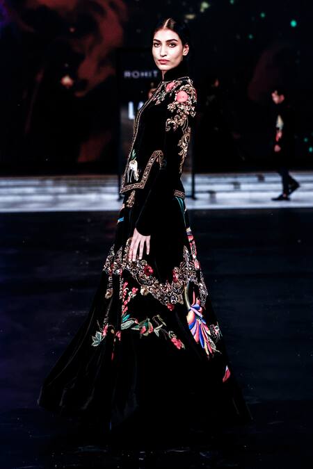 Rohit Bal Black Velvet, Silk Embroidery Mandarin Collar Nature Lehenga And Jacket Online at Aza Fashions Rohit Bal_Black Velvet, Silk Embroidery Mandarin Collar Nature Lehenga And Jacket _Online_at_Aza_Fashions