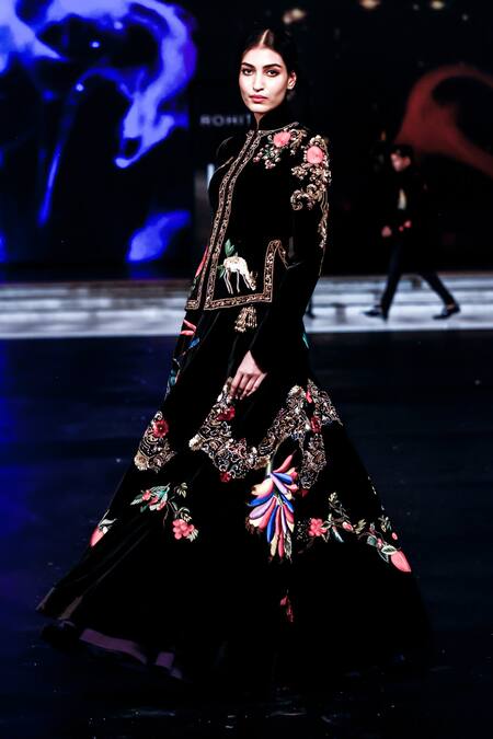 Buy Rohit Bal Black Velvet, Silk Embroidery Mandarin Collar Nature Lehenga And Jacket Online at Aza Fashions Buy_Rohit Bal_Black Velvet, Silk Embroidery Mandarin Collar Nature Lehenga And Jacket _Online_at_Aza_Fashions