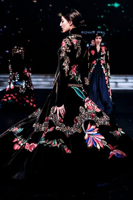 Shop Rohit Bal Black Velvet, Silk Embroidery Mandarin Collar Nature Lehenga And Jacket Online at Aza Fashions Shop_Rohit Bal_Black Velvet, Silk Embroidery Mandarin Collar Nature Lehenga And Jacket _Online_at_Aza_Fashions