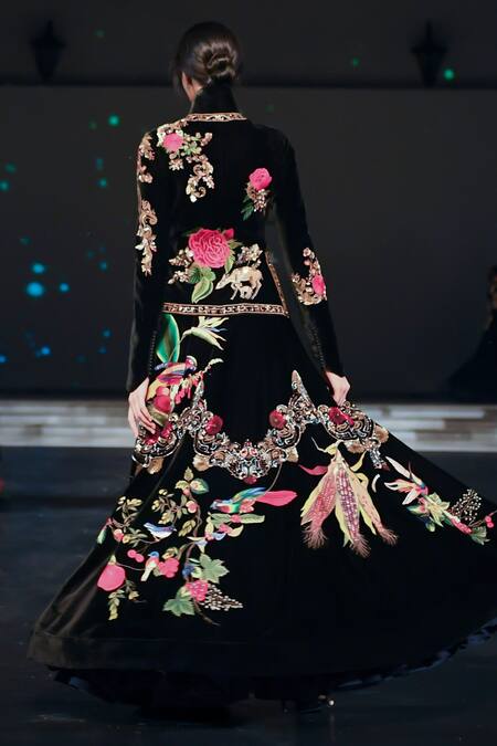 Rohit Bal Black Velvet, Silk Embroidery Mandarin Collar Nature Lehenga And Jacket at Aza Fashions Rohit Bal_Black Velvet, Silk Embroidery Mandarin Collar Nature Lehenga And Jacket _at_Aza_Fashions
