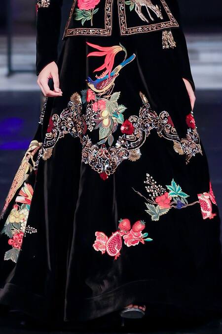 Buy Rohit Bal Black Velvet, Silk Embroidery Mandarin Collar Nature Lehenga And Jacket Buy_Rohit Bal_Black Velvet, Silk Embroidery Mandarin Collar Nature Lehenga And Jacket