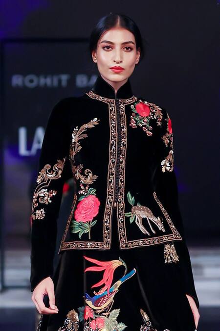 Shop Rohit Bal Black Velvet, Silk Embroidery Mandarin Collar Nature Lehenga And Jacket Shop_Rohit Bal_Black Velvet, Silk Embroidery Mandarin Collar Nature Lehenga And Jacket