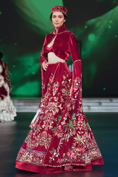 Rohit Bal Maroon Velvet Embroidered Lehenga & Cropped Jacket 