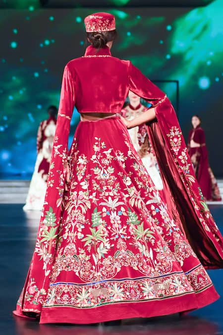 Rohit Bal Maroon Velvet Embroidered Lehenga & Cropped Jacket 