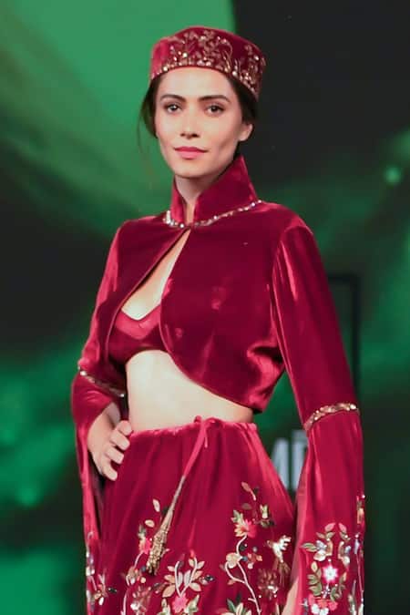 Rohit Bal Maroon Velvet Cut Work, Embroidery Sweetheart Neck, Lehenga And Cropped Jacket Online at Aza Fashions Rohit Bal_Maroon Velvet Cut Work, Embroidery Sweetheart Neck, Lehenga And Cropped Jacket _Online_at_Aza_Fashions