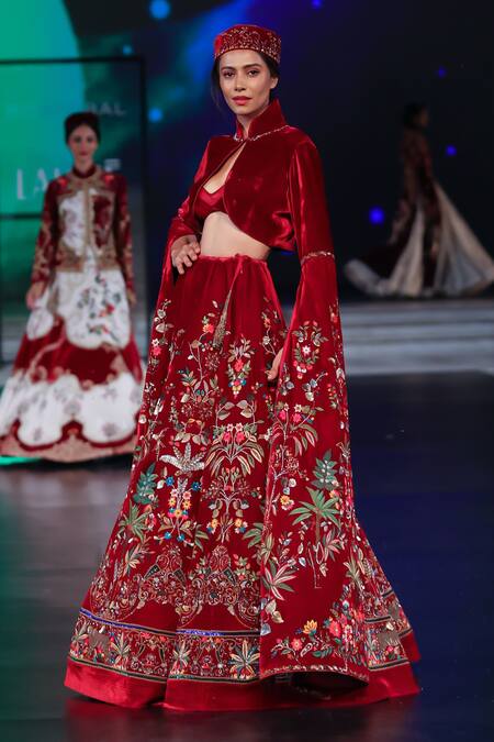 Shop Rohit Bal Maroon Velvet Cut Work, Embroidery Sweetheart Neck, Lehenga And Cropped Jacket Online at Aza Fashions Shop_Rohit Bal_Maroon Velvet Cut Work, Embroidery Sweetheart Neck, Lehenga And Cropped Jacket _Online_at_Aza_Fashions