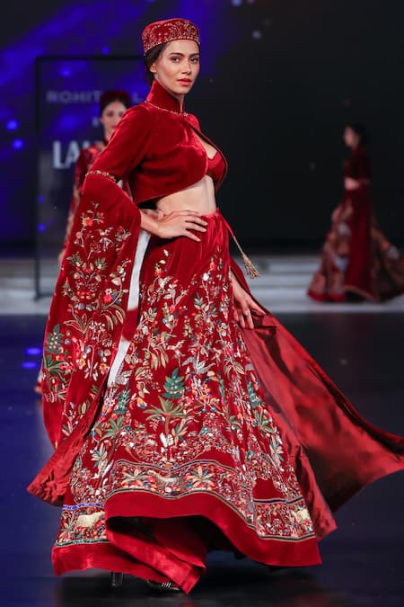 Rohit Bal Maroon Velvet Cut Work, Embroidery Sweetheart Neck, Lehenga And Cropped Jacket at Aza Fashions Rohit Bal_Maroon Velvet Cut Work, Embroidery Sweetheart Neck, Lehenga And Cropped Jacket _at_Aza_Fashions