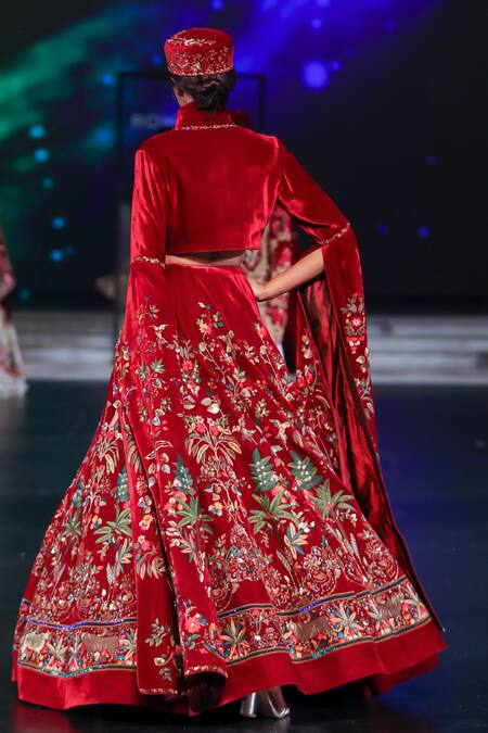 Buy Rohit Bal Maroon Velvet Cut Work, Embroidery Sweetheart Neck, Lehenga And Cropped Jacket Buy_Rohit Bal_Maroon Velvet Cut Work, Embroidery Sweetheart Neck, Lehenga And Cropped Jacket