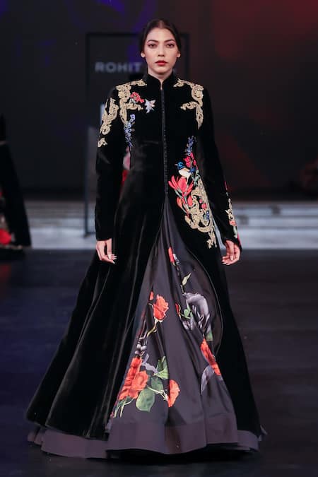 Rohit Bal Black Velvet Gradient Embroidered Long Jacket 