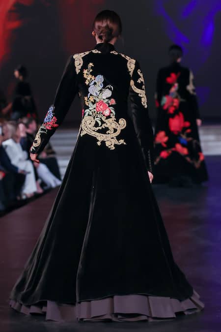 Rohit Bal Black Velvet Gradient Embroidered Long Jacket 