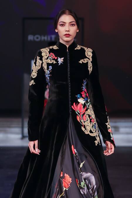 Rohit Bal_Black Velvet Cut Work Mandarin Collar Gradient Embroidered Long Jacket _Online_at_Aza_Fashions