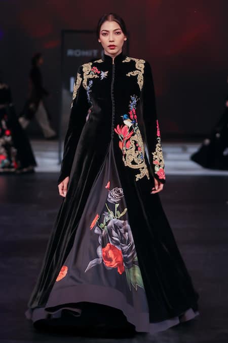Buy_Rohit Bal_Black Velvet Cut Work Mandarin Collar Gradient Embroidered Long Jacket _Online_at_Aza_Fashions
