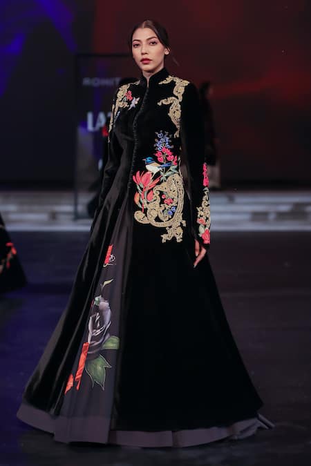 Shop_Rohit Bal_Black Velvet Cut Work Mandarin Collar Gradient Embroidered Long Jacket _Online_at_Aza_Fashions