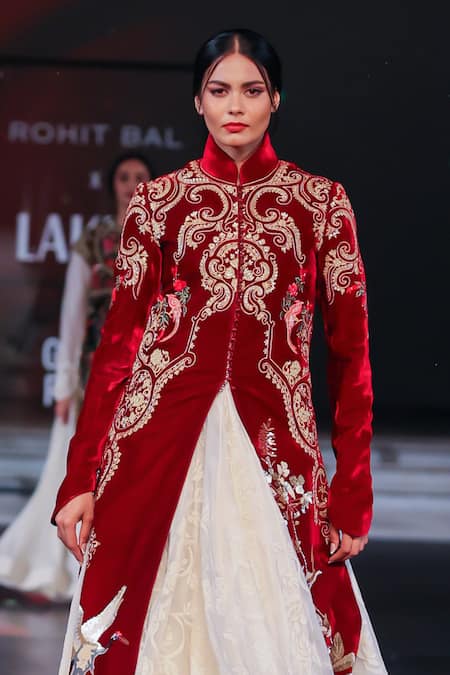 Rohit Bal_Maroon Velvet Embroidery Mandarin Collar Long Jacket _Online_at_Aza_Fashions