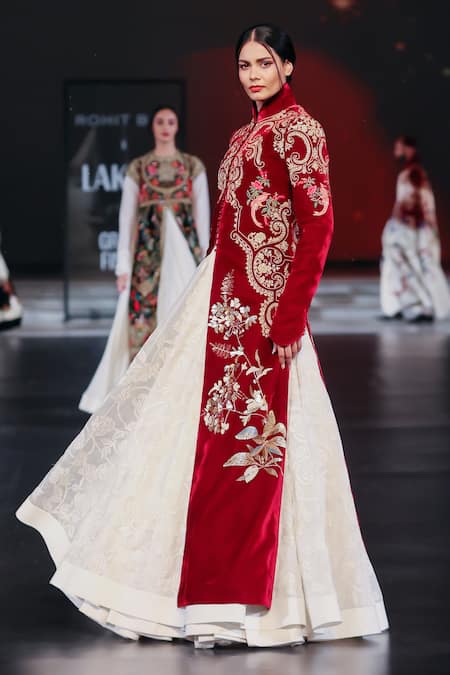 Buy_Rohit Bal_Maroon Velvet Embroidery Mandarin Collar Long Jacket _Online_at_Aza_Fashions