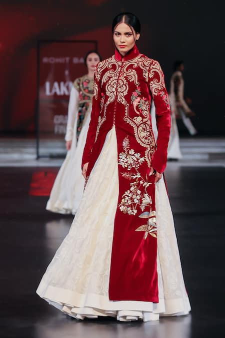 Shop_Rohit Bal_Maroon Velvet Embroidery Mandarin Collar Long Jacket _Online_at_Aza_Fashions