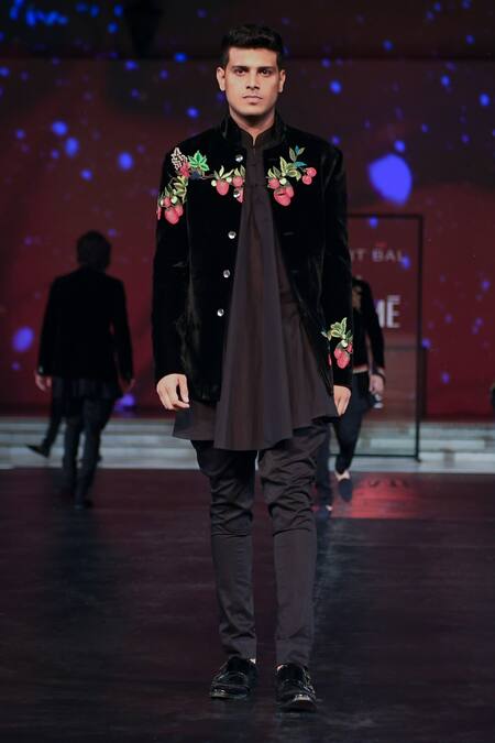 Rohit Bal_Black Silk, Velvet Embroidery Fruit Orchard Bandhgala _Online_at_Aza_Fashions