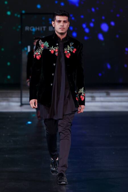 Buy_Rohit Bal_Black Silk, Velvet Embroidery Fruit Orchard Bandhgala _Online_at_Aza_Fashions