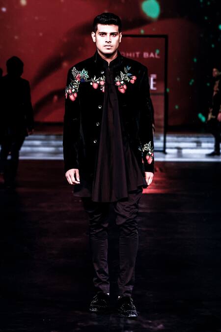 Shop_Rohit Bal_Black Silk, Velvet Embroidery Fruit Orchard Bandhgala _Online_at_Aza_Fashions