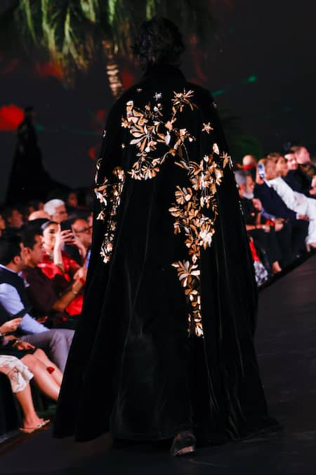Shop Rohit Bal Black Celeste Bloom Embroidered Silk Velvet Cape at Aza Fashions Shop_Rohit Bal_Black Celeste Bloom Embroidered Silk Velvet Cape _at_Aza_Fashions