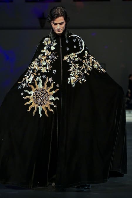 Shop Rohit Bal Black Celeste Bloom Embroidered Silk Velvet Cape Online at Aza Fashions Shop_Rohit Bal_Black Celeste Bloom Embroidered Silk Velvet Cape _Online_at_Aza_Fashions