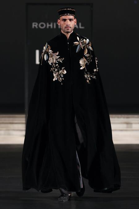 Rohit Bal_Black Cutdana Embroidered Velvet Cape _Online_at_Aza_Fashions