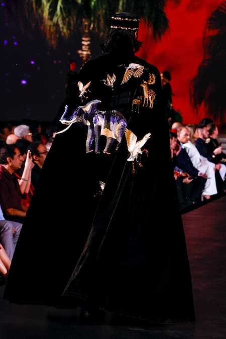 Shop Rohit Bal Black Wildlife Embroidered Cape at Aza Fashions Shop_Rohit Bal_Black Wildlife Embroidered Cape _at_Aza_Fashions