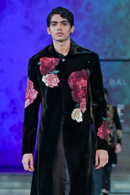Shop_Rohit Bal_Black Silk, Velvet Embroidery Rose Sherwani _at_Aza_Fashions