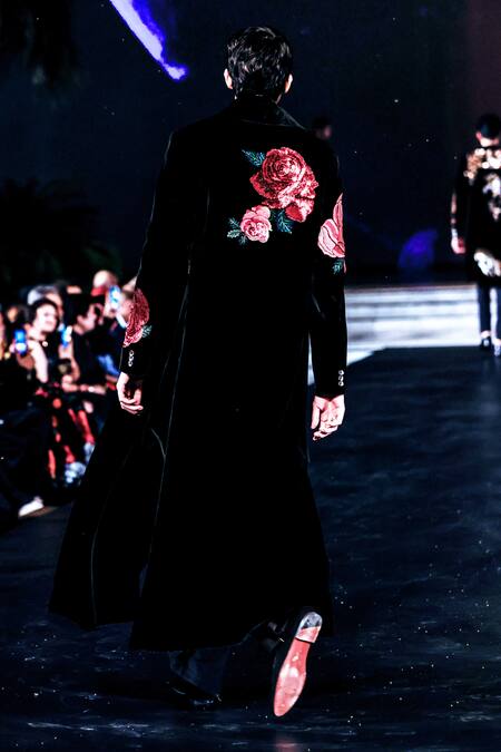 Rohit Bal_Black Silk, Velvet Embroidery Rose Sherwani _Online_at_Aza_Fashions