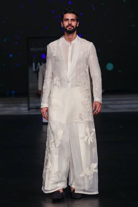 Rohit Bal_Ivory Silk Embroidery Bird Long Jacket _Online_at_Aza_Fashions