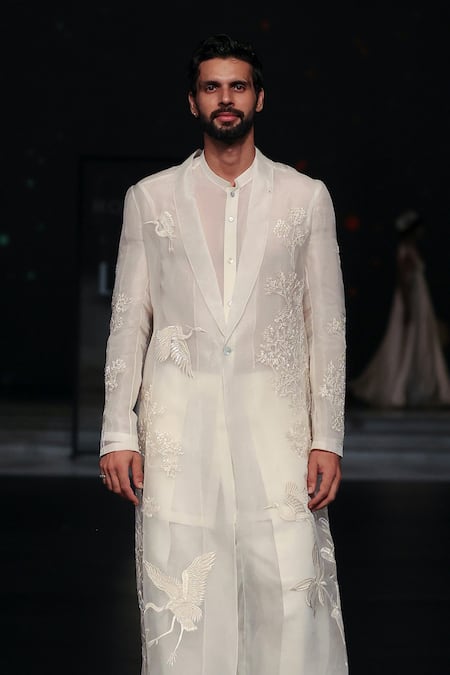 Buy_Rohit Bal_Ivory Silk Embroidery Bird Long Jacket _Online_at_Aza_Fashions