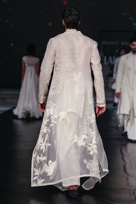 Shop_Rohit Bal_Ivory Silk Embroidery Bird Long Jacket _Online_at_Aza_Fashions