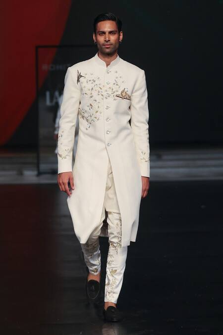 Rohit Bal Ivory Silk, Cotton Embroidery, Sequins Wild Bloom Sherwani Online at Aza Fashions Rohit Bal_Ivory Silk, Cotton Embroidery, Sequins Wild Bloom Sherwani _Online_at_Aza_Fashions